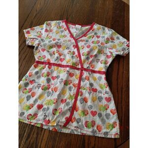 Small Dickies Balloons Hearts Short Sleeve V-Neck Elastic Waist Scrub Top Shirt